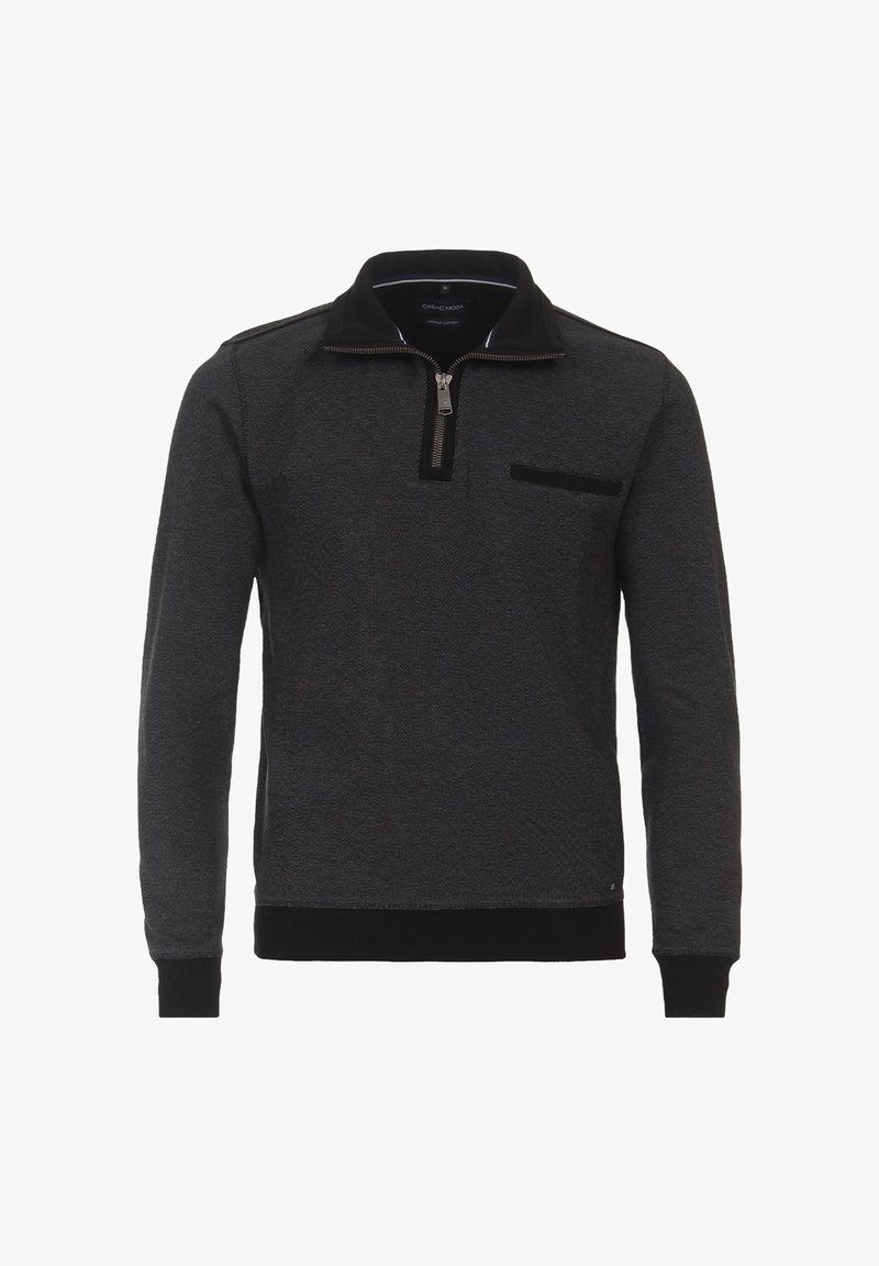 Donkergrijze pullover met een zwarte kraag, half-ritssluiting en een zijzak. Gemaakt van textiel met een gehaakt oppervlak en geribde manchetten en zoom.