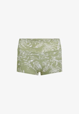 Pantaloni scurți verzi cu model abstract alb, realizați dintr-un material elastic, având o talie înaltă și un design ajustat.