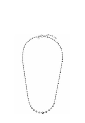 Zilveren kralenketting met kleine ronde kralen die geleidelijk overgaan naar grotere kralen aan de voorkant en een karabijnsluiting met verstelbare ketting.