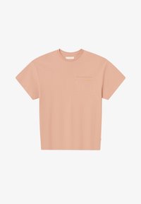 Svetloružové tričko s krátkym rukávom z texturovanej bavlny s okrúhlym výstrihom a vreckom na ľavej hrudi, ktoré má malú žltú výšivku.