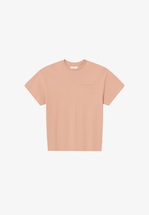 Lichtroze T-shirt met korte mouwen van textiel katoen, met een ronde hals en een zak op de linkerborst, versierd met kleine gele borduursels.