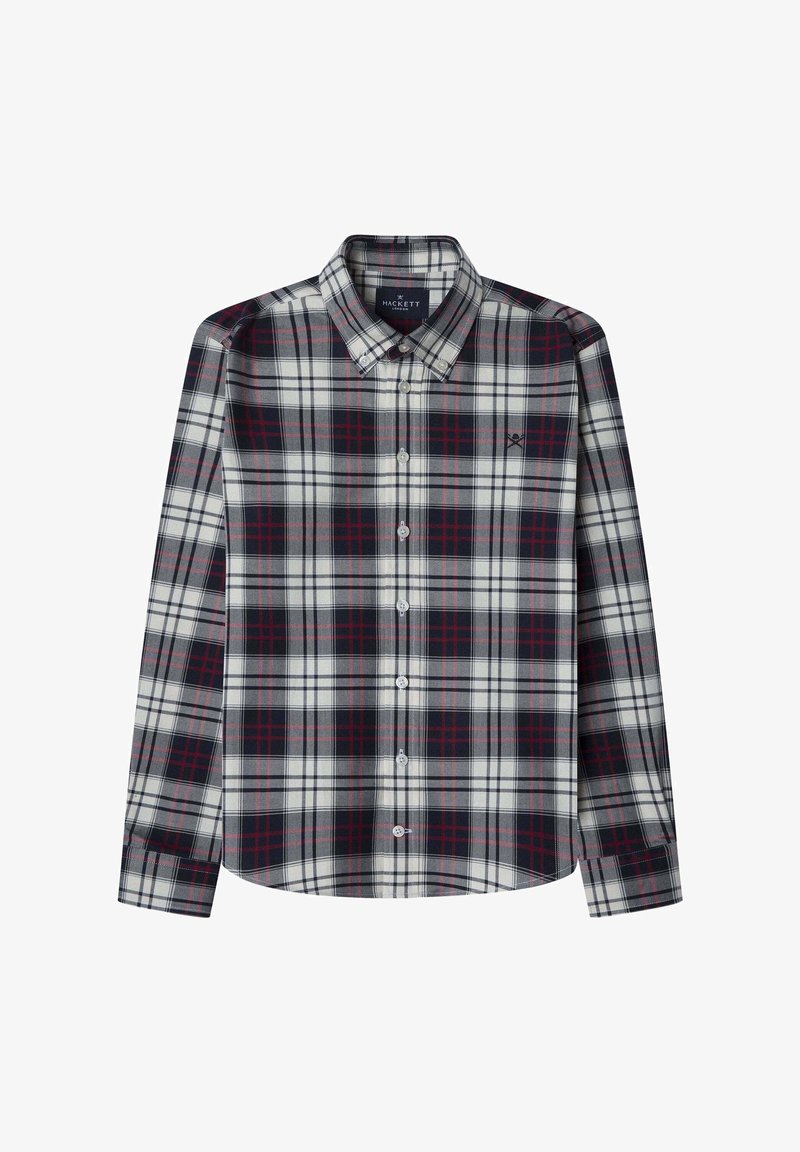 Chemise à manches longues boutonnée avec un motif à carreaux blanc, noir et rouge, et un petit logo brodé sur la poitrine.