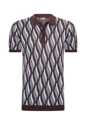 Knitted polo shirt in brown, gray, and light blue. Features a wave pattern, short sleeves, and a three-button placket.