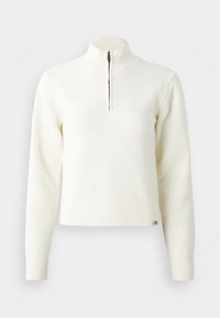 White, zip-neck sweater with long sleeves. Made from a soft knit material, featuring ribbed cuffs and hem. Subtle brand logo at the hem.