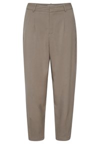 Beige broek met rechte pijpen, voorplooien, riemlussen en een verborgen sluiting aan de voorkant.