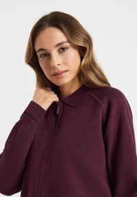 Bordeaux ritsweater met een spitse kraag, geribde manchetten en een soepele textuur. Heeft een subtiele zwarte streepaccent op de manchetten.