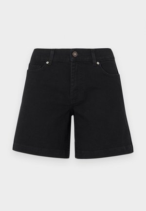 Black denim shorts with a straight leg design, front pockets, and a button closure at the waist. Smooth texture and minimalist style.