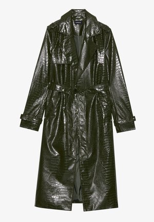 Long green faux leather trench coat with a crocodile texture, belted waist, wide lapels, and roll-up sleeves. Stylish design with glossy finish.