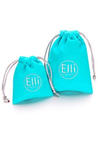 Turquoise fabric drawstring bags, one larger and one smaller, with silver accents and "Elli" logo printed on the front. Smooth texture.