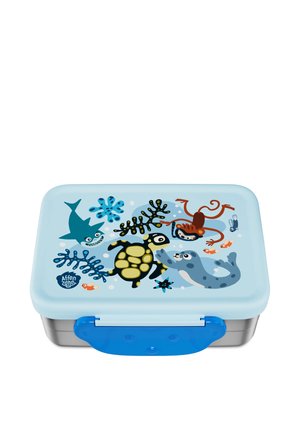 Light blue lunchbox with ocean animals including shark, turtle, seal, octopus, fish, and seaweed illustrations on the lid.