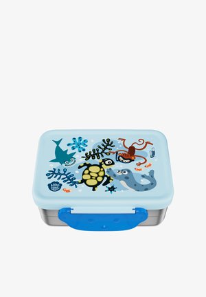 Light blue lunchbox with ocean animals including shark, turtle, seal, octopus, fish, and seaweed illustrations on the lid.