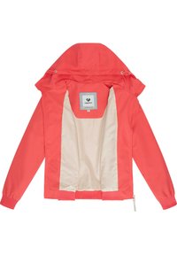 Koralowa kurtka wiatrówka z kapturem, z beżową podszewką i elastycznymi mankietami. Zawiera metkę z logo marki na plecach.