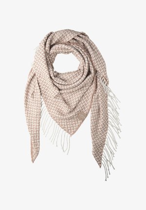 Beżowy trójkątny szal z tkanym wzorem w odcieniach rdzy, z białymi frędzlami na krawędziach oraz małą metką z logo marki.