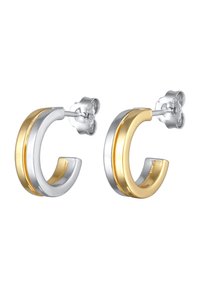 Sølv- og guldøreringe med en buet design, der har et gult guldakcent og en poleret finish; sikret med en studlås.