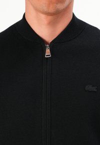 Gros plan sur une personne portant un sweat à col zippé noir avec un col côtelé et un petit logo de crocodile sur la poitrine.