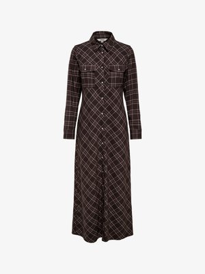 Lange mouwen donkerbruine geruite overhemdjurk met knoopsluiting aan de voorkant, twee borstzakken met klep en kraag.