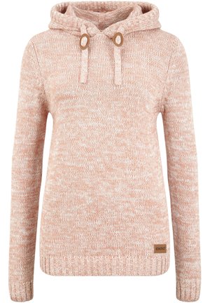 Light pink knit hoodie with a textured pattern, drawstring hood, and two brown toggle accents. Features ribbed cuffs and hem.