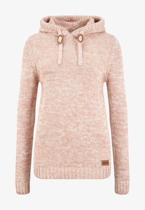 Ljusrosa stickad huvtröja med ett strukturerat mönster, dragsko i huven och två bruna toggle-accenter. Har ribbade ärmslut och nederkant.