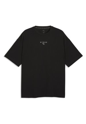 Schwarzes T-Shirt mit kurzen Ärmeln, "HYROX" und dem weißen Puma-Logo mittig auf der Brust. Keine weiteren Designs oder Muster sichtbar.