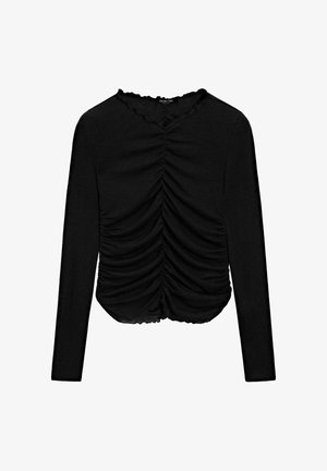 Black long-sleeve top with a ruched design at the front and a scalloped neckline, made from soft, stretchy material.