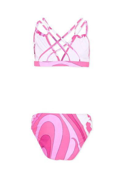 Bikini deux pièces avec des motifs abstraits en spirale rose, violet et blanc ; le haut comporte plusieurs fines bretelles croisées.