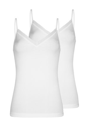 Zwei weiße ärmellose Camisoles mit spitzenbesetzten V-Ausschnitten und dünnen Trägern, gezeigt vor einem schlichten weißen Hintergrund.