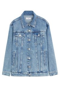 Světle modrá džínová bunda s klasickým límcem, dvěma náprsními kapsami, stříbrnými cvoky a podélnými švy. Hladká textura.