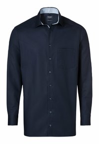 Navyblaues Langarmhemd aus glattem Stoff mit Button-Down-Kragen, einzelner Brusttasche und dunklen Knöpfen, das ein klassisches Design aufweist.