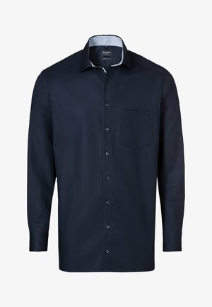 Navyblaues Langarmhemd aus glattem Stoff mit Button-Down-Kragen, einzelner Brusttasche und dunklen Knöpfen, das ein klassisches Design aufweist.