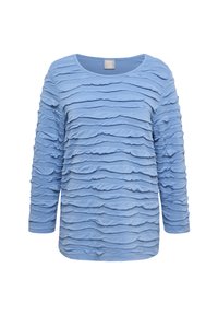 Blaues Langarmoberteil aus strukturiertem Stoff mit geschichteten, wellenförmigen Streifen auf der Vorder- und Rückseite für einen dynamischen visuellen Effekt.