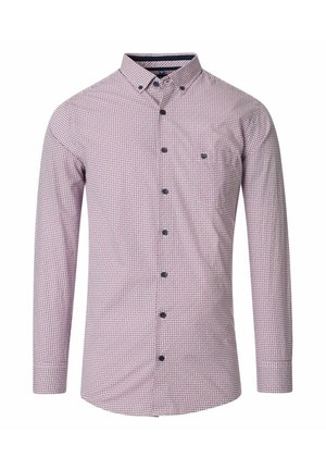 Langærmet skjorte med knapper, med lille rødt og blåt geometrisk mønster, krave med knapper og et brystlogo på hvid baggrund.