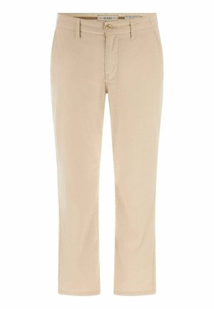 Beige Herrenhose mit geradem Bein, Gürtelschlaufen, vorderem Knopf, Reißverschluss und Seitentaschen, innen im Bund mit dem Label "Guess".