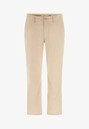 Beige Herrenhose mit geradem Bein, Gürtelschlaufen, vorderem Knopf, Reißverschluss und Seitentaschen, innen im Bund mit dem Label "Guess".