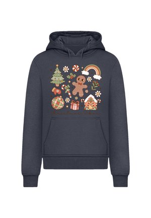 Dark navy hoodie featuring a colorful holiday-themed graphic with a Christmas tree, gingerbread man, and various ornaments. Cotton blend material.