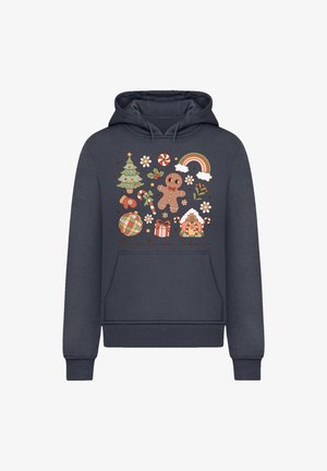 Dunkelblaue Kapuzenjacke mit einem bunten, festlichen Motiv, das einen Weihnachtsbaum, einen Lebkuchenmann und verschiedene Christbaumkugeln zeigt. Material aus Baumwollmischung.