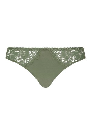 Olive green women's bikini underwear with floral lace detailing along the hips and a smooth fabric front panel.