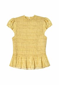 Blusa amarilla con smocks y mangas cortas abullonadas, con un escote con volantes y un dobladillo acampanado, adornada con un sutil patrón floral.