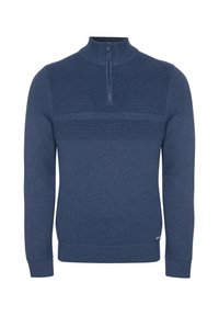 Dunkelblauer Strickpullover mit einem halben Reißverschlusskragen, der horizontale Rippmuster über der Brust und glatte Ärmel aufweist.