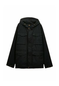 Jachetă neagră cu glugă, dotată cu două buzunare mari în față, închidere cu nasturi tip capse și o croială lejeră. Fabricată dintr-un material durabil.