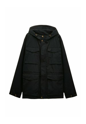 Black jacket with a hood, featuring two large front pockets, snap button closures, and a relaxed fit. Made from a durable fabric.