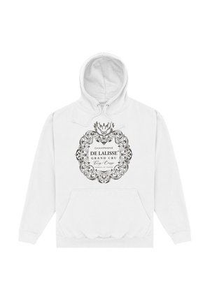Felpa con cappuccio bianca con un emblema nero ornato e dettagliato e il testo "Champagne De Lalisse Grand Cru, Prodotto della Francia" sul davanti.