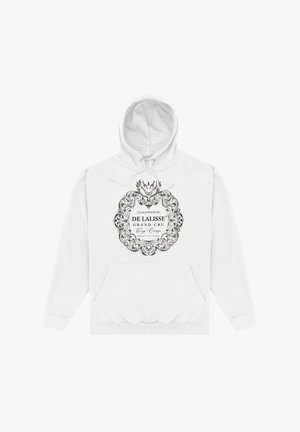 Sweat à capuche blanc avec un emblème noir orné détaillé et le texte « Champagne De Lalisse Grand Cru, Produit de France » sur le devant.