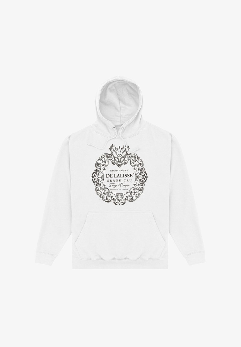 Sweat à capuche blanc avec un emblème noir orné détaillé et le texte « Champagne De Lalisse Grand Cru, Produit de France » sur le devant.