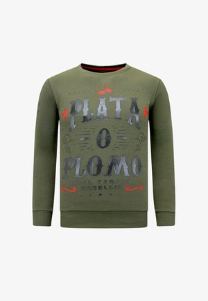 Olivengroene sweatshirt met lange mouwen, ronde hals en zwarte en rode grafische tekst aan de voorkant met sierlijke ontwerpen. Geribbelde manchetten en zoom.