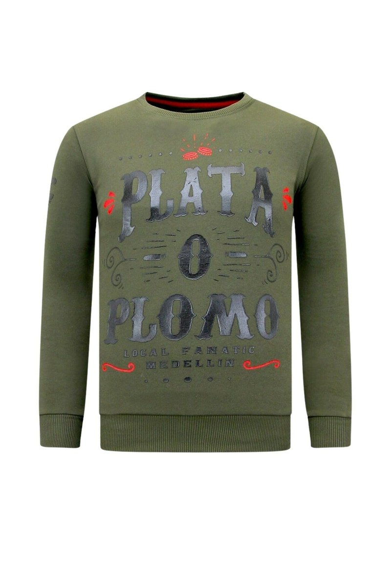 Olivengroene sweatshirt met lange mouwen, ronde hals en zwarte en rode grafische tekst aan de voorkant met sierlijke ontwerpen. Geribbelde manchetten en zoom.