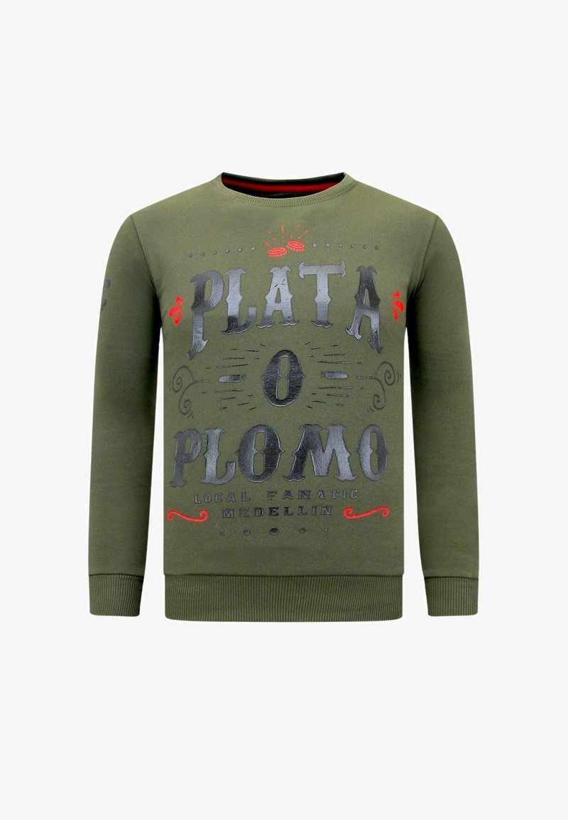 Olivengroene sweatshirt met lange mouwen, ronde hals en zwarte en rode grafische tekst aan de voorkant met sierlijke ontwerpen. Geribbelde manchetten en zoom.