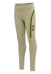 Lichtolijfgroene leggings met een zachte textuur, hoge tailleband en contrasterende donkergroene strepen met chevronaccenten.