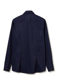 Camicia a maniche lunghe blu navy con apertura a bottoni, collo classico e pieghe posteriori. Tessuto liscio, orlo dritto e polsini con bottoni.
