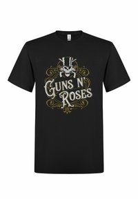 Černé bavlněné tričko s potiskem lebky v cylindru a nápisem "Guns N' Roses" ve stylizovaném bílém a zlatém písmu.
