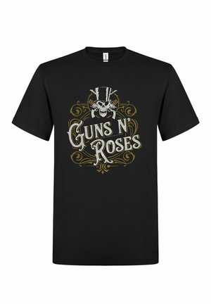 Mustahihapan musta t-paita, jossa on himo skull, jolla on silinterihattu ja teksti "Guns N' Roses" tyyliteltyinä valkoisina ja kultaisina kirjaimin.